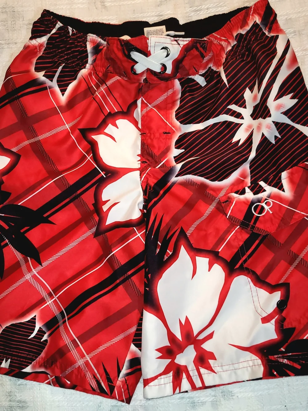 Op Ocean Pacific Board Shorts Boy's Size Medium 8 Swim Trunks Hawaiian Flower